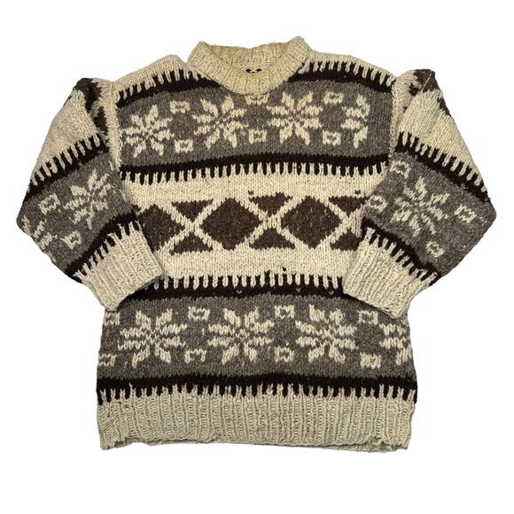 Vintage 80s 90s Crewneck Knit Fair Isle Sweater FLAW Cream Brown Medium - Picture 1 of 7